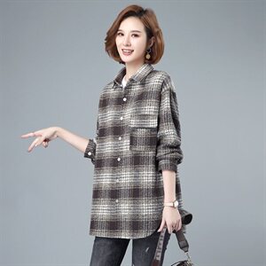 2021春秋季新款女装大码宽松加厚格子长袖衬衫中长款休闲衬衣上衣,女装衬衫,伊满意