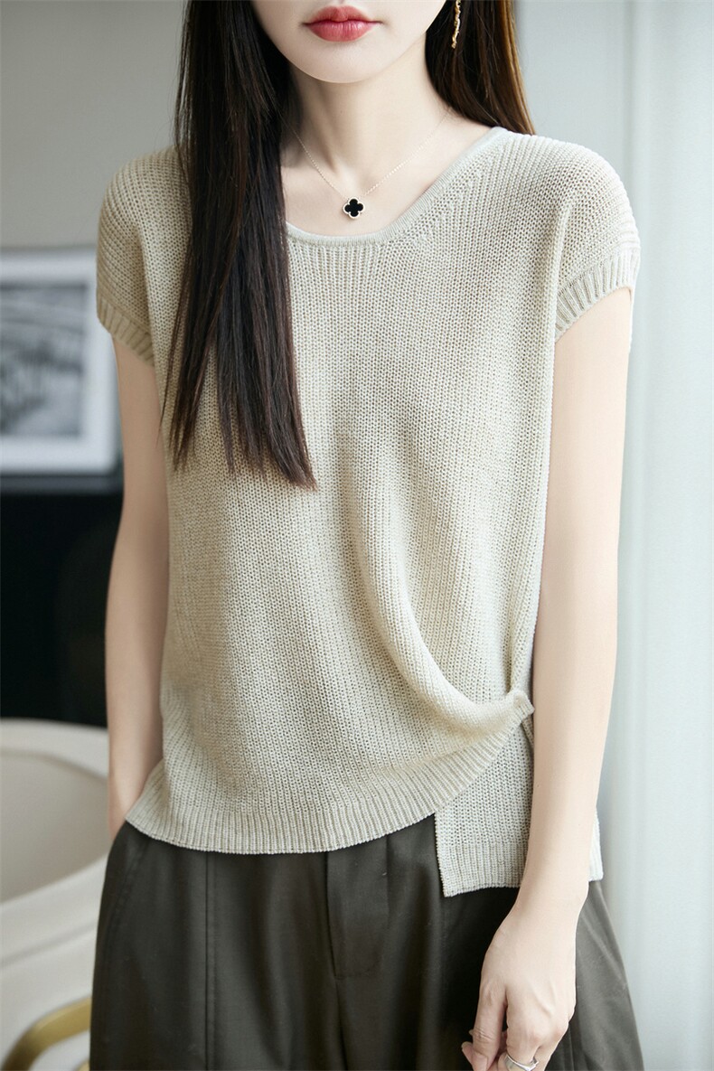 2025年夏季短袖云宝侧扣无袖时尚百搭通勤休闲，女装T恤，朝思羊绒