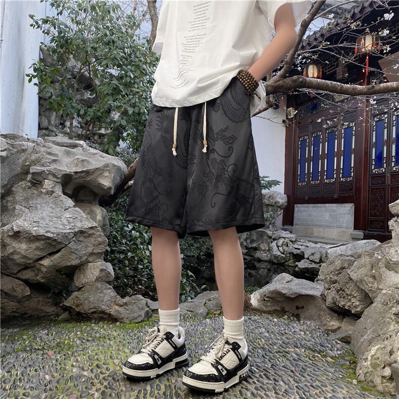 抖音品质夏季新款缎面新中式风宽松短裤B315-K24066-特p30控58,男装休闲裤,电商B315