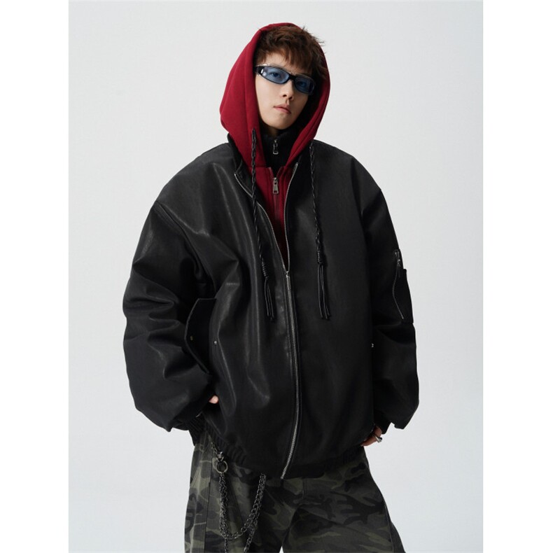 706-LK7071-P128现货冬季男士假两件连帽pu皮棉衣保暖棉服外套,男装皮衣,星座706