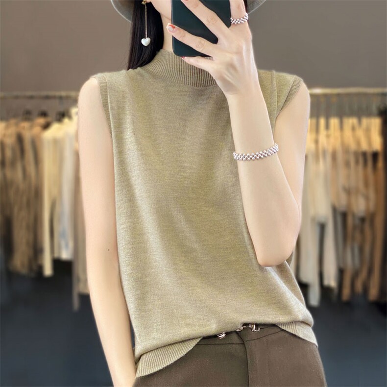 夏季新款100%超细精仿羊毛女一线半高领薄款背心宽松韩版打底针织,女装背心吊带,臻维羊绒