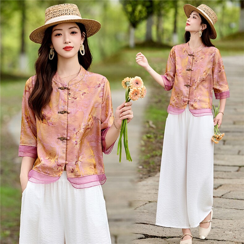 现货简约新中式印花锦缎2026年夏季时尚洋气出游聚会女士两件套，女装套装/套裙，木橙西子