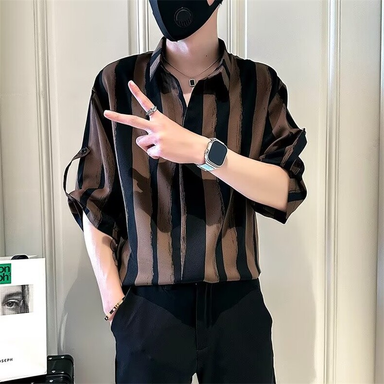 日系复古条纹七分中袖男士衬衫短袖夏季冰丝痞帅五分半袖休闲衬衣，男装衬衫，星座506A
