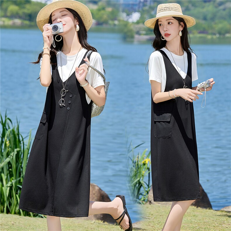 假两件休闲宽松连衣裙女2026夏季新款遮肉显瘦A字裙中长款裙子,女装连衣裙,余墨
