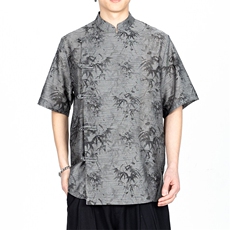 新中式现货2025夏季竹叶花纹斜门襟衬衫A021-CS35-P65，男装衬衫，电商A021