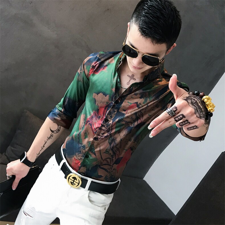 夏季男士七分袖印花衬衫男休闲修身碎花衬衣A236-352-P55,男装衬衫,电商A236
