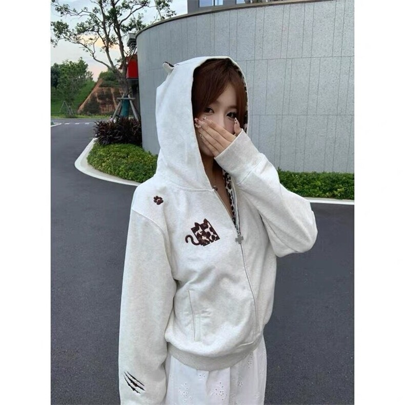 美式复古小恶魔豹纹连帽拉链卫衣男女春秋冬情侣开衫刺绣运动外套,女装短外套,星座506A