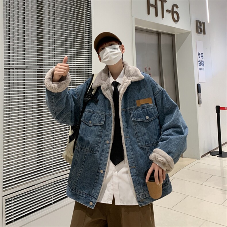 冬季美式复古加绒加厚棉衣宽松休闲羊羔绒牛仔棉服男W6367-P80,男装棉衣,星座512-2