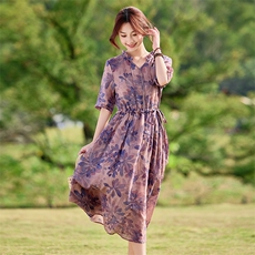 2026年夏季大摆型短袖苎麻文艺/优雅连衣裙，女装连衣裙，江南依恋