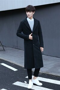 春夏款潮男长款毛呢风衣韩版修身男士呢外套 F03图片