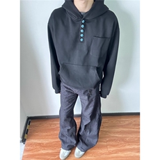 冬季美式复古亨利领连帽厚款卫衣港风时髦纽扣长袖上衣WY901，男装卫衣，星座516A