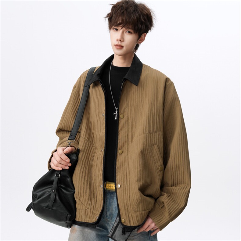 撞色假两件翻领夹克男2026春季宽松复古休闲外套潮J2606P85控118，男装夹克，电商A157