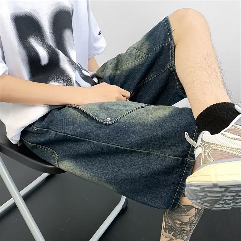 结构做旧牛仔短裤男夏设计感拼接五分裤宽松休闲裤子N5262,男装牛仔裤,星座1116A-1（原606A）