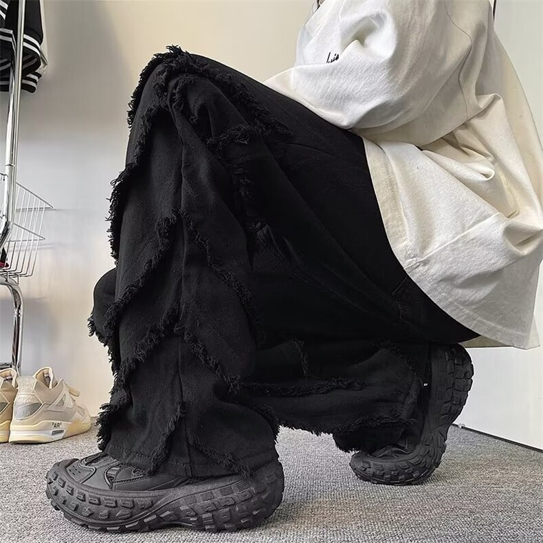 春夏男士裤子白色个性美式复古流苏设计感重磅牛仔长裤,男装休闲裤,星座1013