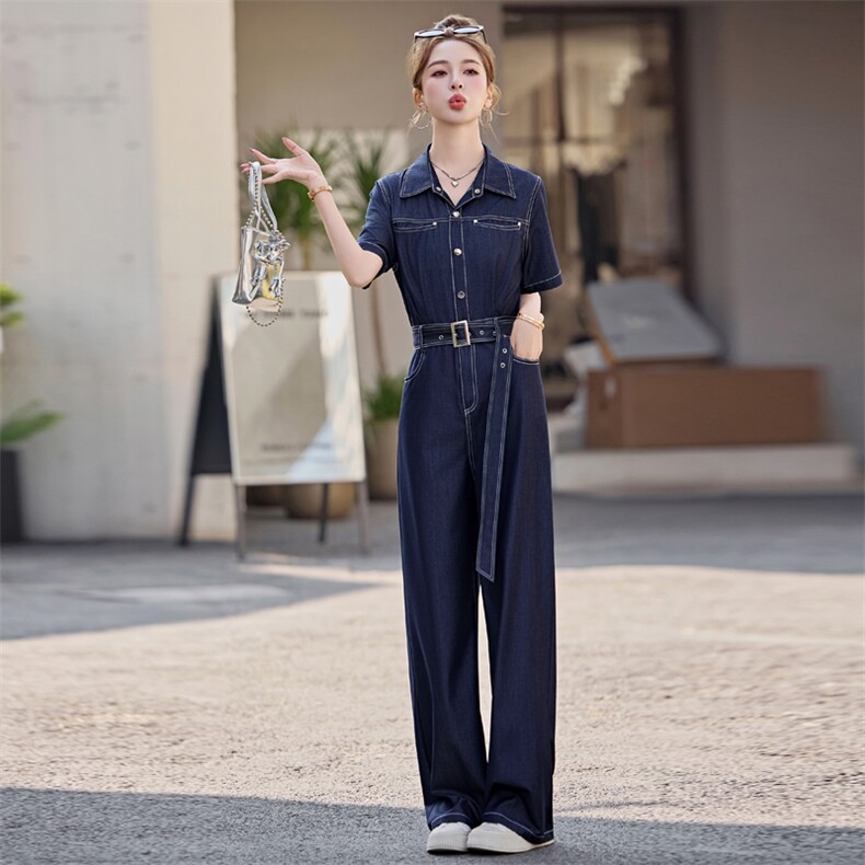 （新款现货）2026夏时尚显瘦减龄天丝牛仔连体阔腿裤女（配腰带）,女装连体裤,印象茜