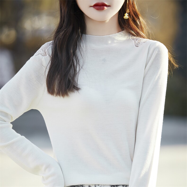 高级感超细精纺羊毛打底衫女镂空肩花半高领针织衫春秋款长袖毛衣，女装羊毛衫，戎美山