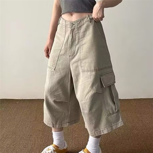 美式复古多口袋工装七分裤男女夏季宽松阔腿休闲高街短裤工装裤潮图片