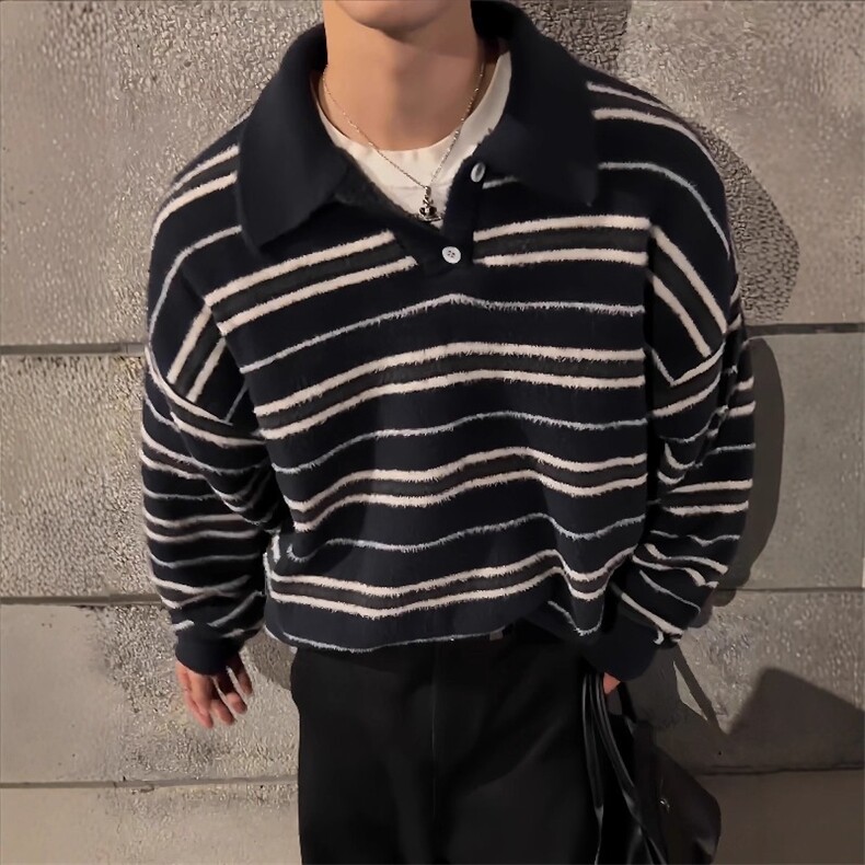老钱风仿貂毛条纹polo领毛衣男女秋冬高级感痞帅慵懒风针织衫外套,男装针织衫/毛衣,星座1210-1