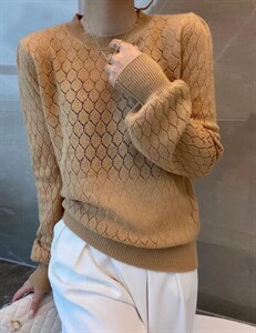 圆领长袖镂空金丝全羊毛套头毛衣 新款慵懒宽松针织打底衫全羊毛图片