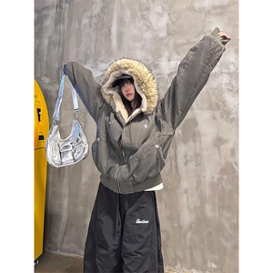现货重磅boxy短款棉衣座山雕大毛毛领男女棉服水洗工装厚外套图片
