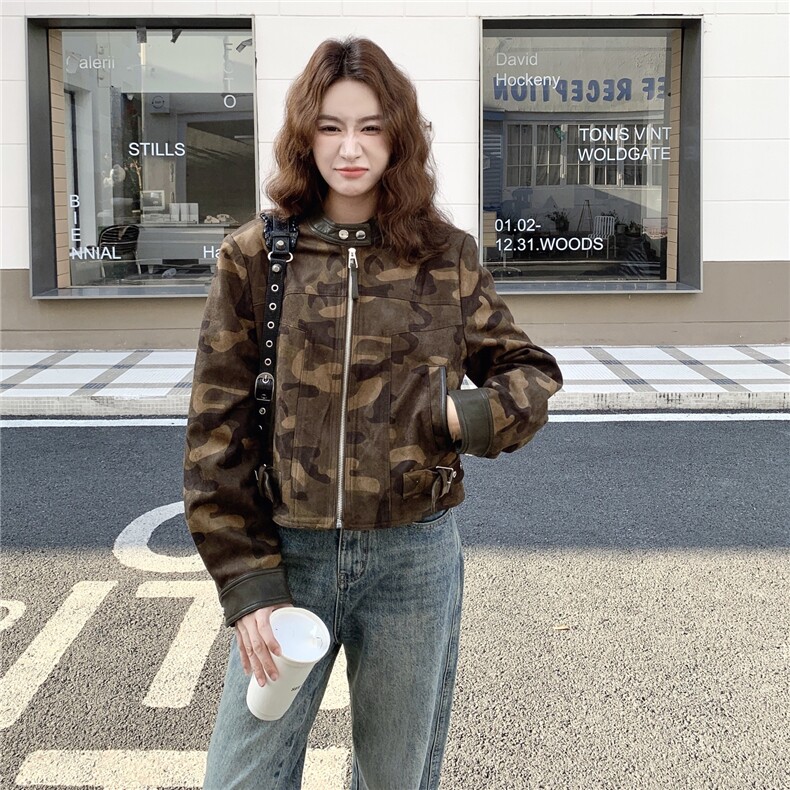 美式复古迷彩短款外套女2025年秋季新款小个子宽松休闲夹克上衣潮,女装短外套,1C130