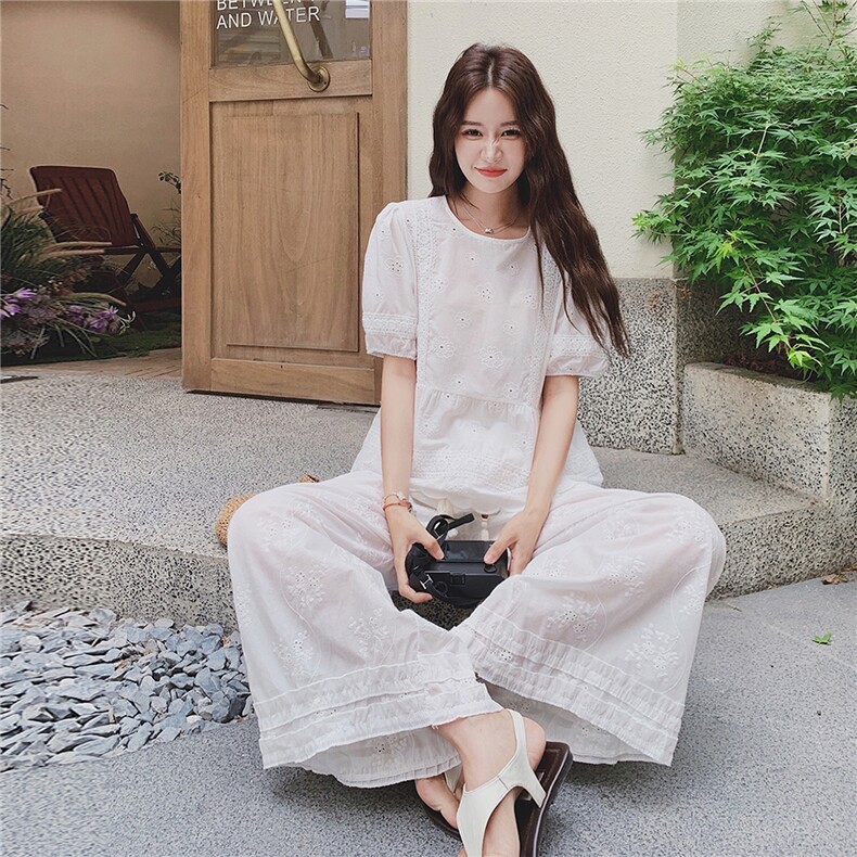 法式白色阔腿裤套装女2025夏季新款宽松时尚气质泡泡袖上衣两件套,女装套装/套裙,浙宝217