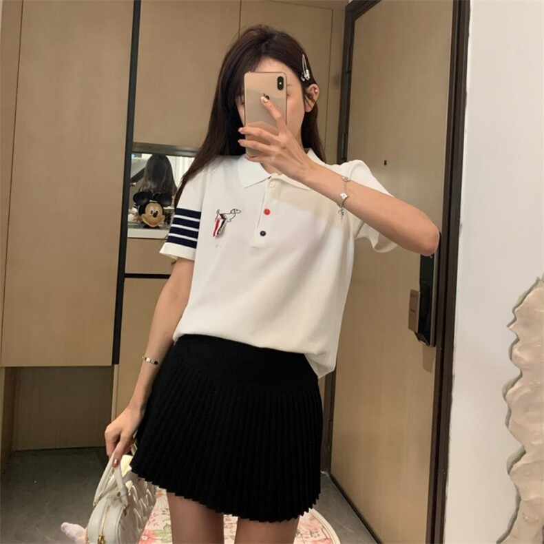 学院风胸前织带小狗刺绣针织POLO衫冰丝短袖T恤上衣女2025夏季款,女装T恤,宛庄羊绒