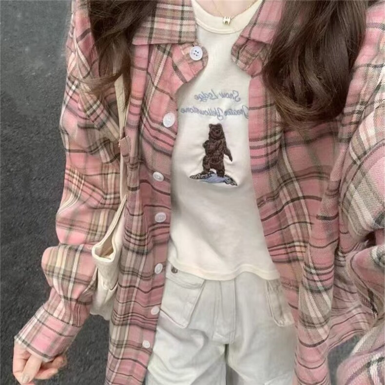 新款春秋粉色美式复古防晒格子衬衫女秋韩系宽松款遮显瘦开衫,男装衬衫,星座1210-1
