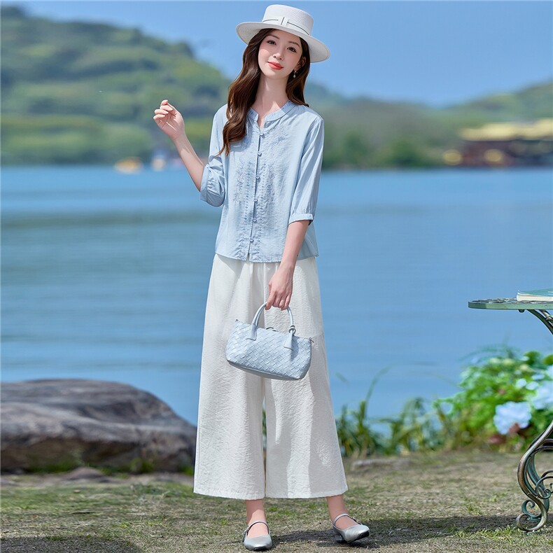 现货！现货！2026夏季新款时尚刺绣棉麻衬衫阔腿裤两件套女，女装套装/套裙，以桐