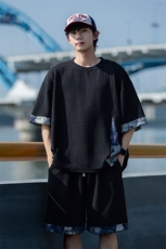 TZ789-特P55控98夏季T撞色拼接小熊大码短袖短裤凉感冰丝套装，男装休闲套装，电商A059