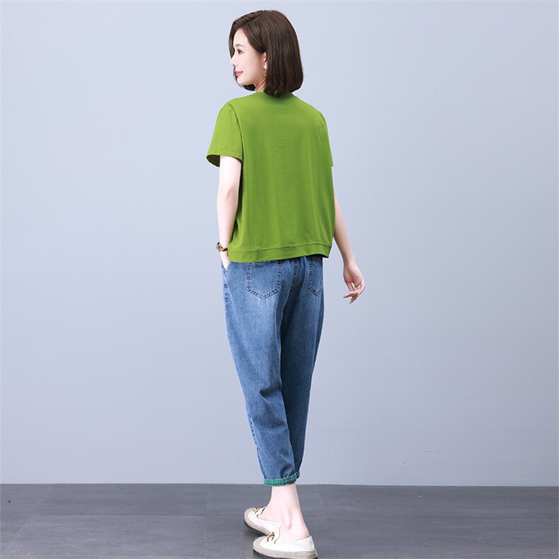 夏季休闲套装女2023年新款中年妈妈时尚洋气短袖宽松牛仔裤两件套,女装套装/套裙,叶笙衣