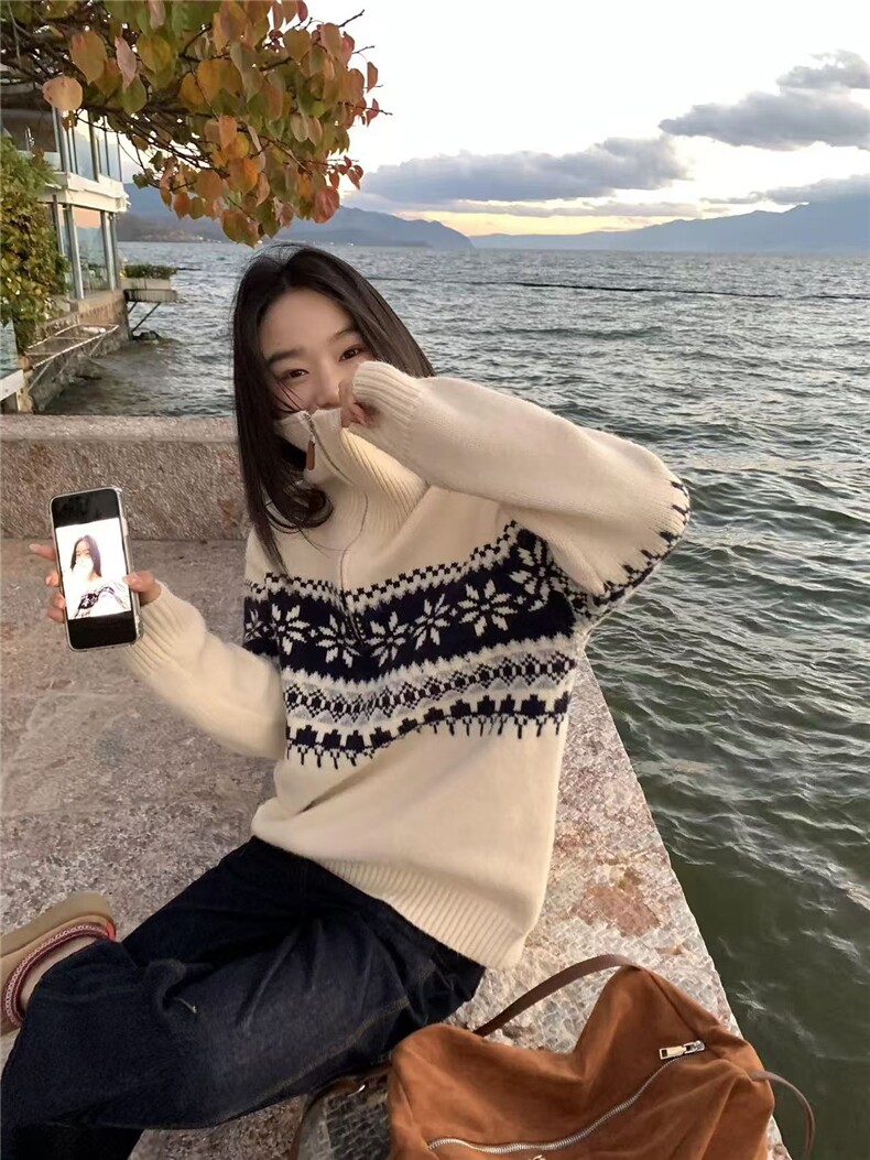 2025年秋季雪花半拉链翻领时尚百搭通勤简约休闲,女装羊毛衫,悦玛羊绒