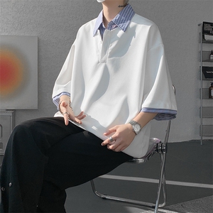 8XL-M假两件衬衫领短袖T恤大码夏季条纹拼接polo衫半袖DX1211/P45图片