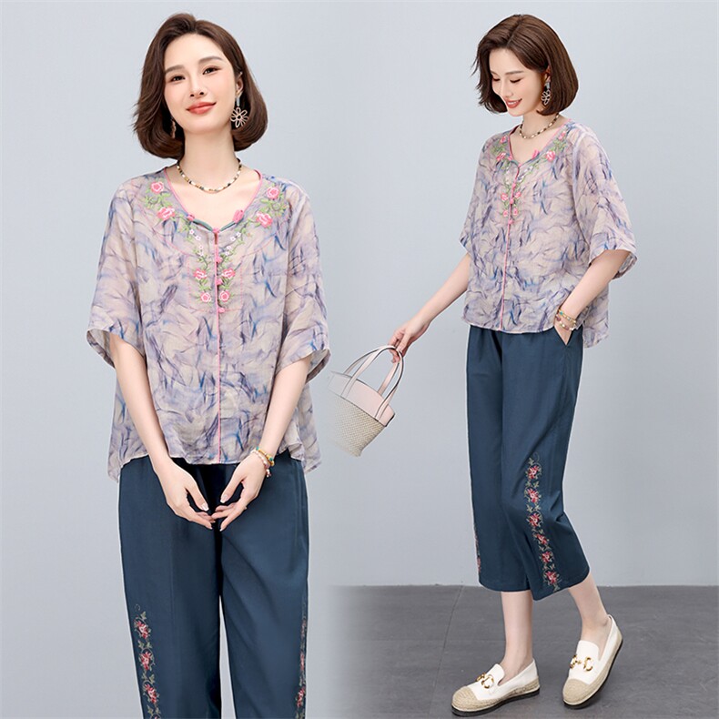 苎麻绣花套装女夏季薄款2025年新款中年妈妈遮肚子宽松复古两件套，女装套装/套裙，奕阳依阁