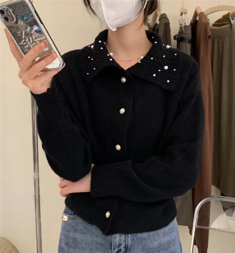 935大翻领珍珠毛衣开衫，女装针织衫/毛衣，Lucky Lee