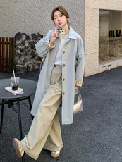 蓝色简约风衣外套女2025春季新款韩系英伦风中长款休闲大衣小个子，女装风衣，浙宝192（原082）