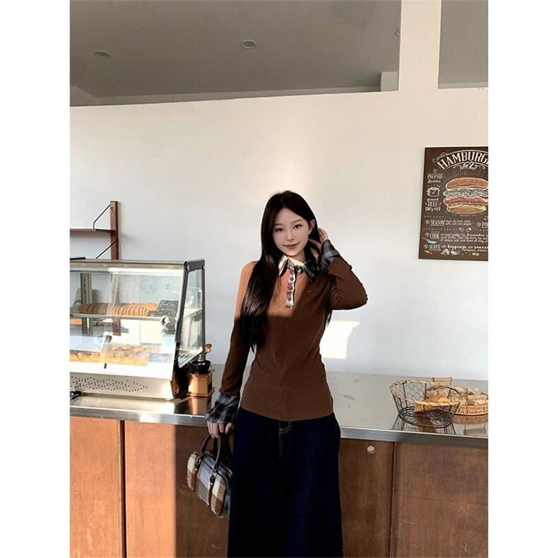 甜辣妹撞色拼接POLO领针织衫女冬季红色毛衣修身内搭长袖打底上衣,男装T恤,星座506A