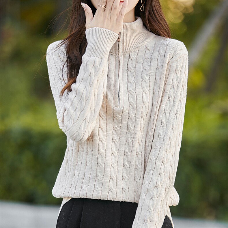 复古麻花加厚半拉链纯棉线针织衫女立领毛衣2024秋冬气质保暖上衣,针织衫/毛衣,佳绒高端店
