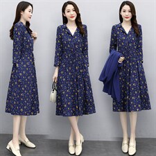 淑女长袖中长款A型套头中腰花色连衣裙2021年春季，女装连衣裙，香水丽阁