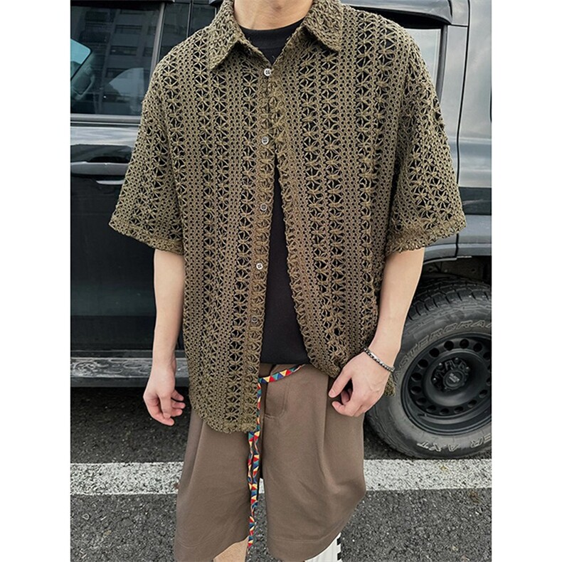 cleanfit军绿色镂空针织衫短袖夏季薄款复古度假风半袖C2462-P46,男装T恤,星座1213