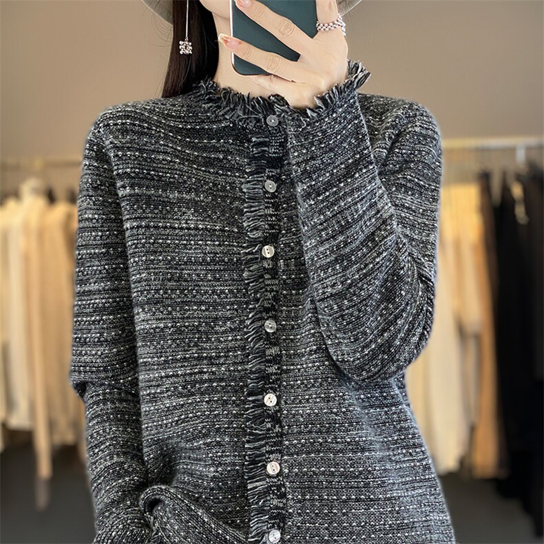 100%纯羊毛开衫女圆领流苏边花纱加厚针织毛衣宽松羊绒衫外套上衣,女装羊毛衫,片语羊绒