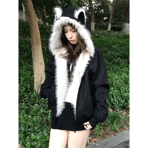 现货重磅硬挺boxy羽绒棉衣座山雕猫耳大毛毛领麂皮棉服冬外套图片