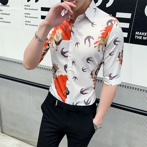 2021夏季社会风中袖花衬衫男士修身七分袖半袖衬衣A470-CS07图片