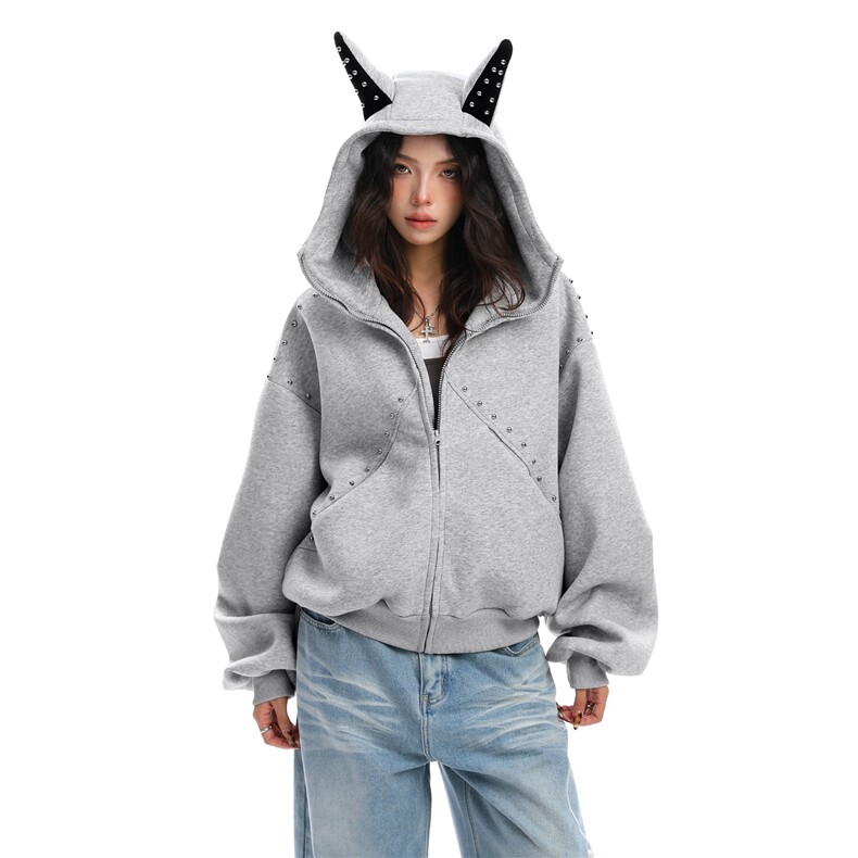 得物品质秋款男女连帽卫衣杜宾犬耳朵铆钉宽松情侣外套WY141P75,女装短外套,星座1013-1