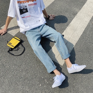 港风夏季简单百搭牛仔裤男 韩版潮流直筒休闲裤/图片