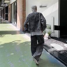美式潮牌港风设计感牛仔夹克套装春秋季做旧水洗两件套，男装夹克，星座410-7