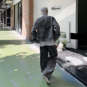 美式潮牌港风设计感牛仔夹克套装春秋季做旧水洗两件套图片