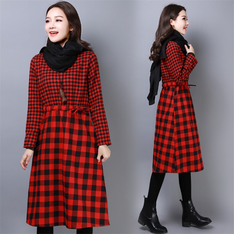 格子复古拼接2020冬季新款加绒修身显瘦连衣裙时尚潮流，女装连衣裙，奕阳依阁
