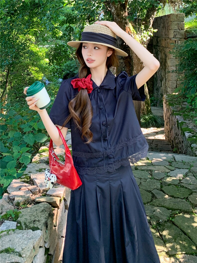 蕾丝拼接娃娃领系带上衣松紧腰半裙学院风套装女,女装套装/套裙,水衣源
