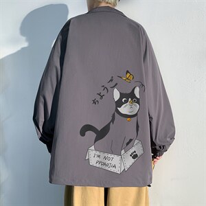2022春新款港风光影白墙休闲猫咪戏蝶印花宽松大码夹克J6204-P50图片